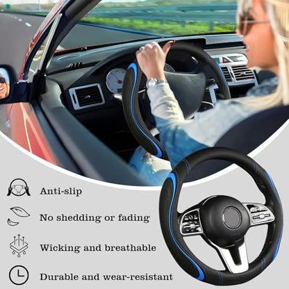 Leather Splicing Black Blue Car Steering Wheel Cover,14.5-15 Inch Universal Microfiber Leather Covers Breathable Anti-Slip Odorless Steering Wheels Accessories for Men Women - color: Leather Splicing - Black Blue