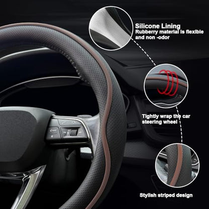 HAOTULE Leather Steering Wheel Cover， with Anti-Slip Stripe Design - Enhanced Grip, Fashion Style, Safe, Non-Slip, Breathable. Upgrade car Interior，Black Brown - color: Black Brown