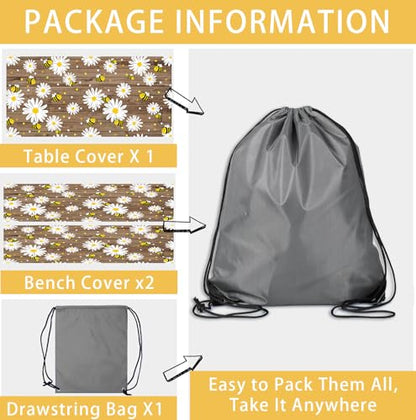 Bee Daisy Picnic Table Cover with Bench Covers Waterproof Windproof Elastic Fitted Outdoor Camping RV Tablecloths with Drawstring Bag Reusable Rectangle Rectangle Tables and Seats Cover 30X72IN - color: Brown/Yellow, size: 30" x 72" (Rectangular)
