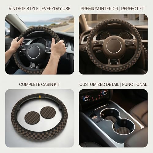 Checkered Black Brown Steering Wheel Cover Black Brown Checkered Steering Wheel Cover Anti-Slip Breathable Universal for 15 Inch Car with 2 Pieces Car Coasters Suitable - color: 1-Checkered Brown