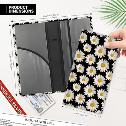 Leather Car Registration and Insurance Card Holder, Cute Car Accessories Vehicle Glove Box Car Organizer for Documents, Cards, License Cute Black Daisy Flower - color: Cute Black Daisy Flower