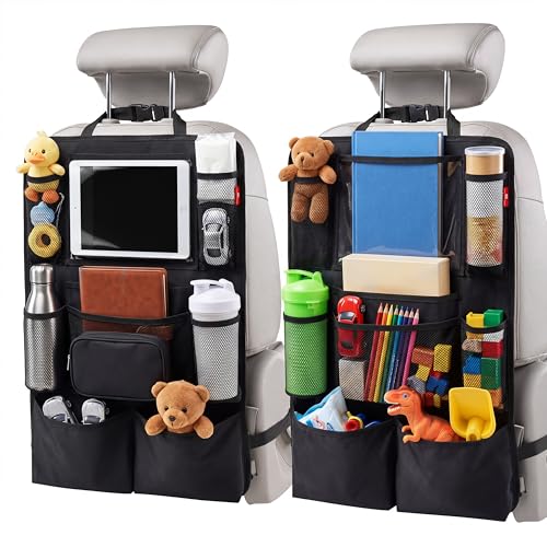 Backseat Car Organizer, backseat car organizer with 9 Pockets & Tablet Holder, Kick Mats for Car Seat Storage and Organization, 2 Pack, Black—Perfect for Travel.