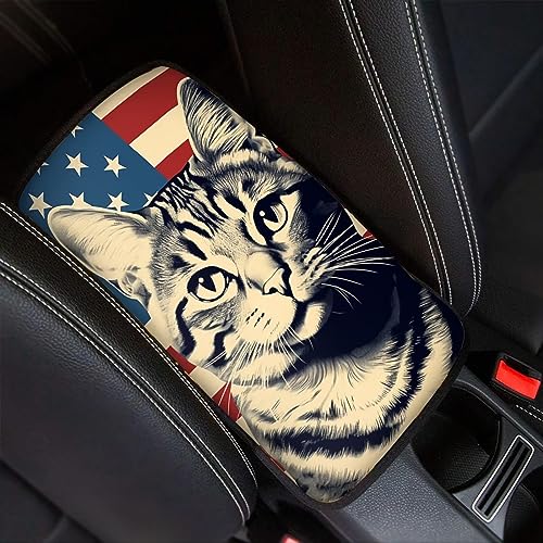 Car Center Console Pad, Universal Waterproof Car Armrest Seat Box Cover, Car Interior Accessories for Most Vehicle SUV Truck Vintage American Flag Cat Car Armrest Pad - color: vintage american flag cat