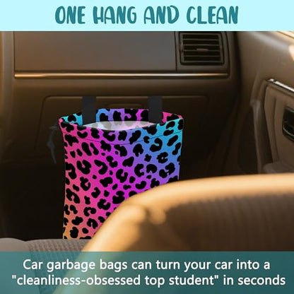 Car Garbage Bag Rainbow Cheetah Leopard Print Drawstring Car Trash Bag Hanging for Back Seat with Adjustable Buckle Canvas Vehicle Trash Can Easy-to-Install - color: Rainbow Cheetah Leopard Print