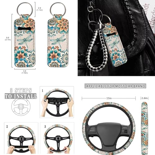 Bohemian Flower Dragonfly Car Seat Covers for Women Men，11pcs Dragonfly Auto Seat Covers for Front Back+ Steering Wheel Cover+Keychain+Cup Coaster+Lipstick Holder Keychain for Most Cars - color: Bohemian Flower Dragonfly