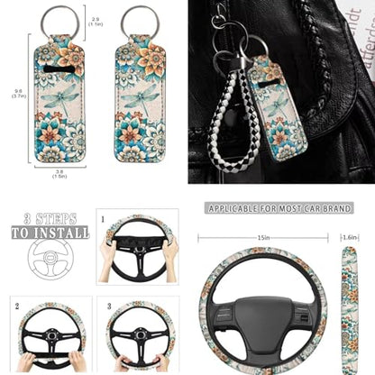 Bohemian Flower Dragonfly Car Seat Covers for Women Men，11pcs Dragonfly Auto Seat Covers for Front Back+ Steering Wheel Cover+Keychain+Cup Coaster+Lipstick Holder Keychain for Most Cars - color: Bohemian Flower Dragonfly