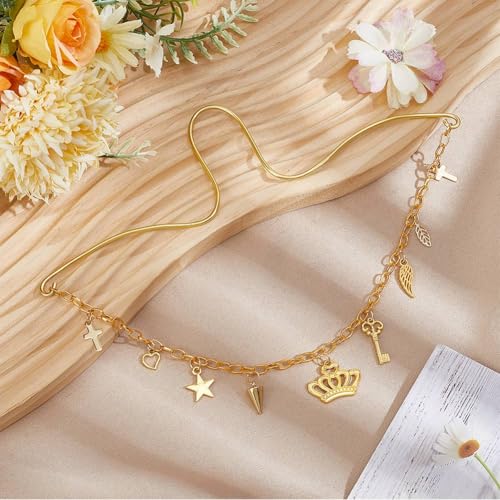 Rearview Mirror Hanging Ornament Gold Car Charm with Crown Cross Star Heart Feather Key and Cone Shapes Aluminum Cute Feminine Aesthetic Rearview Mirror Hanging Car Accessories for Women - style: Gold