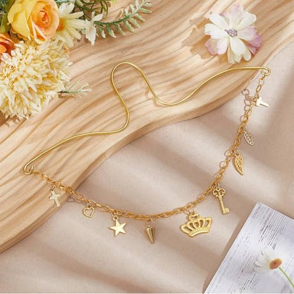 Rearview Mirror Hanging Ornament Gold Car Charm with Crown Cross Star Heart Feather Key and Cone Shapes Aluminum Cute Feminine Aesthetic Rearview Mirror Hanging Car Accessories for Women - style: Gold