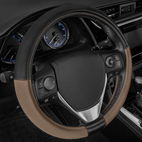 Cat® ErgoDrive Car Steering Wheel Cover with Tan Beige Grip, Black Faux Leather Steering Wheel Cover for Auto Truck Van SUV - Standard 14.5" - 15 Inches - color: Beige/Black, size: Standard (14.5-15")