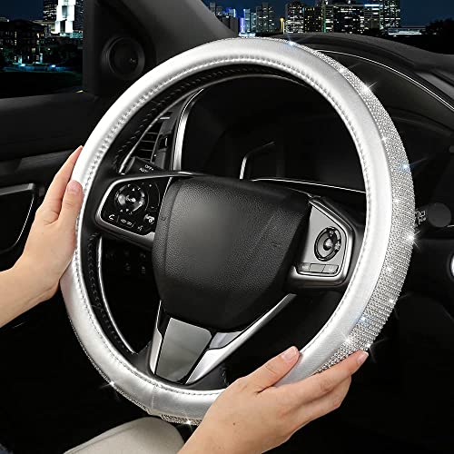 Bling Diamond Steering Wheel Cover, Leather Steering Wheel Covers for Women Girls with Crystal Rhinestones, Breathable, Anti-Slip Universal Fit 14.5-15 Inch Bling Car Accessories(Silver) - color: silver