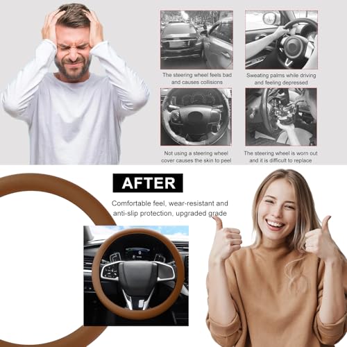 DXNQ Car Steering Wheel Cover, 13 to 14.17 inches Anti-Slip Silicone Steering Wheel Protector, Soft Flexible Shock-Absorbent Steering Wheel Protective Cover for Most Car Models (Brown) - color: Brown