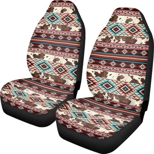 Dreaweet Aztec Car Seat Covers Brown Cow Print Car Accessories Seat Protector Front Seats Only 2 Pcs Southwestern Native Ameircan Tribal Pattern Universal Seat Covers for SUV Trucks Cars - color: Aztec Brown Cow