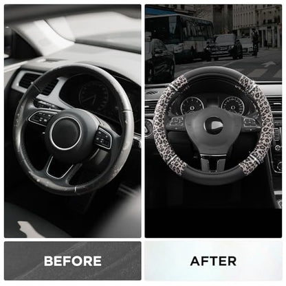Road Comfort Leather Steering Wheel Cover – Premium Anti-Slip Car Steering Wheel Grip Cover – Universal Fit for 14.5”–15” Cars, Trucks & SUVs - Leopard Pattern - color: Leopard