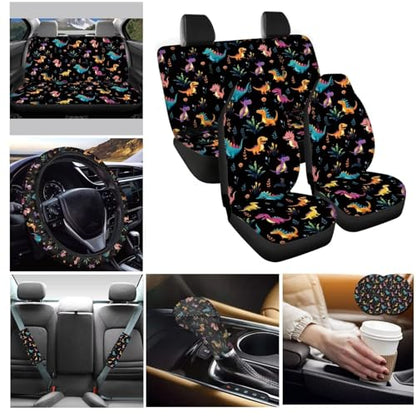 Cute Dinosaur Car Seat Covers Full Set of 11,Car Accessories for Women Men,Steering Wheel Cover+ Handbrake Cover+Seat Belt Pads+PU Car Coaster+Car Seat Towel