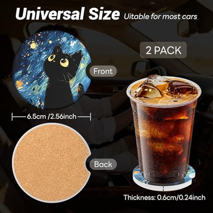 Car Cup Holder Ceramic Coasters 2 Pack, 2.56 in Anti Slip Absorbent Coaster with Cork Base and Finger Notch, Funny Cute Car Accessories Interior for Women, Black Cat