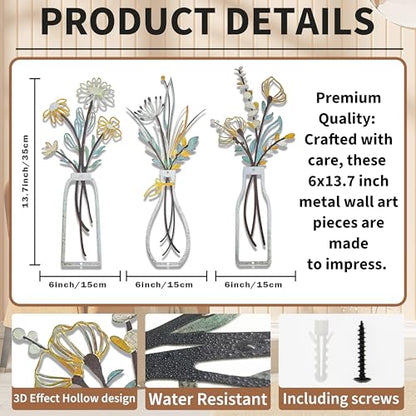 YAKii 3 Pieces Metal Flowers Wall Decor Metal Vase Wall Art Minimalist Floral Wall Sculpture Hanging for Living Room Bathroom Bedroom Kitchen Dining Room Perfect Housewarming Gifts(Beige Gold)