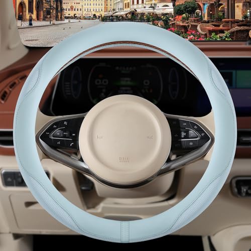 Nappa Leather Blue Steering Wheel Cover, Advanced Microfiber Leather Non-Slip Breathable Fabric, Warm in Winter and Cool in Summer, Universal 15 inch