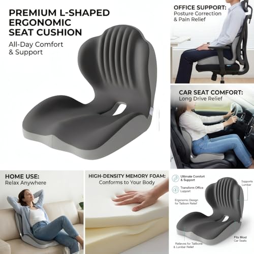 Ergonomic L-Shaped Memory Foam Seat Cushion for Car and Office Chair, Coccyx Support Cushion for Back and Hip Pain Relief, Universal Cushion for Car Seat, Wheelchair, Gaming Chair, Gray
