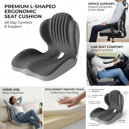 Ergonomic L-Shaped Memory Foam Seat Cushion for Car and Office Chair, Coccyx Support Cushion for Back and Hip Pain Relief, Universal Cushion for Car Seat, Wheelchair, Gaming Chair, Gray
