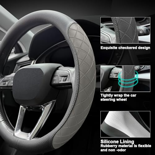 Nappa Leather Steering Wheel Cover,Elegant Diamond Checkered Design, Non-Slip wear-Resistant, Enhance Driving Comfort, Suitable for Steering Wheel Diameter 14 1/2‘-15’ Models.Black Gray - color: Black Gray