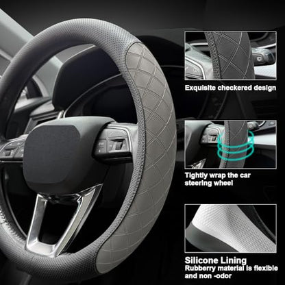 Nappa Leather Steering Wheel Cover,Elegant Diamond Checkered Design, Non-Slip wear-Resistant, Enhance Driving Comfort, Suitable for Steering Wheel Diameter 14 1/2‘-15’ Models.Black Gray - color: Black Gray