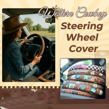 Western Steering Wheel Cover,Retro Western Cowboy Car Universal Steering Wheel Cover,Embossed Hand-Painted Leather Western Car Accessories, for Women Man, Anti-Slip Design Easy to Install (F) - color: F