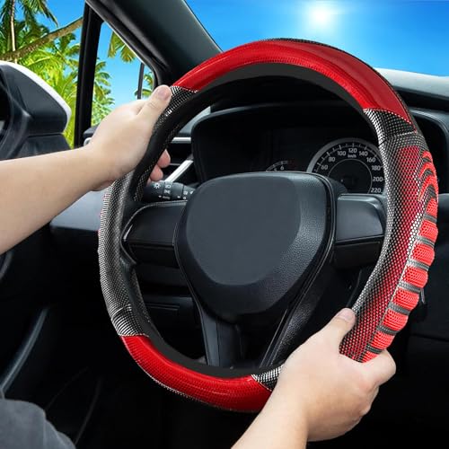 5D Honeycomb Black Red Car Steering Wheel Cover,14.5-15 Inch Universal Carbon Fibre Leather Covers Breathable Anti-Slip Odorless Steering Wheels Accessories for Men Women - color: 5D Honeycomb - Black Red