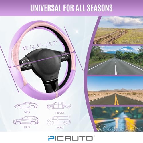 PIC AUTO Steering Wheel Cover, Pink Patterned & Light Purple Leather Patchwork Design, Universal Fit 14.5"–15.5", Anti-Slip, Soft PU Grain Leather, Durable Grip Car Accessory for Girls & Women - color: Pink & Light Purple