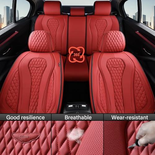 Coverado Car Seat Covers Full Set, Seat Covers, Car Seat Cover, Car Seat Covers Front Seats Back Seat Cover, Waterproof Car Seat Cushion, Leather Red Seat Covers Seat Protector Universal Fit Most Cars - color: Full-Red, size: FullSet