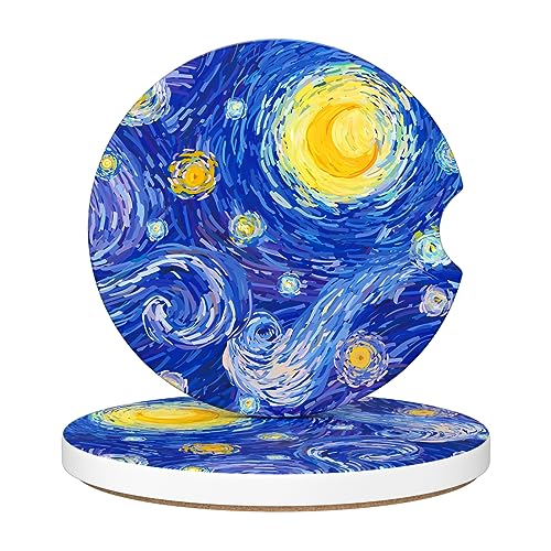 Car Cup Holder Coaster, Car Coasters for Cup Holders, 2 Pack Universal Anti Slip Insert Absorbent Ceramic Auto Interior Accessories with A Finger Notch & Cork Base, Starry Night - color: Starry Night