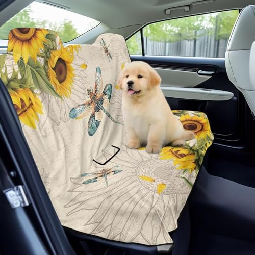 Dragonfly Sunflower Print Car Back Seat Cover Waterproof Automotive Seat Cushions Universal Fit Rear Bench Towel Seat Covers with Non-Slip Backing for SUV, Sedan, Van - color: Dragonfly Sunflower