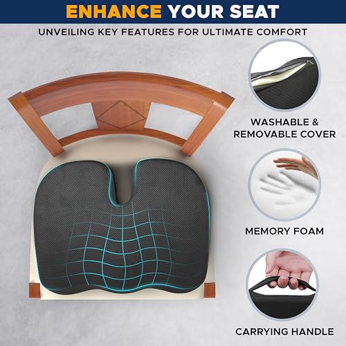 EcoNour Gel Seat Cushion – Office Chair Cushions for Sciatica & Tailbone Pain Relief – Coccyx Memory Foam Desk Chair Support & Car Seat Cushion – Back Pain Relief Pillow for Long Sitting - color: Black