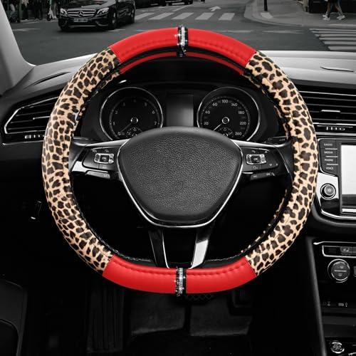 Road Comforts Leopard Steering Wheel Cover for Women, Cute Anti-Slip Microfiber Leather, Fits D Shape Flat Bottom Steering Wheel 14.5-15 Inch - Red - color: D Shape-Red