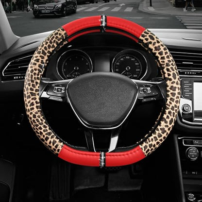 Road Comforts Leopard Steering Wheel Cover for Women, Cute Anti-Slip Microfiber Leather, Fits D Shape Flat Bottom Steering Wheel 14.5-15 Inch - Red - color: D Shape-Red