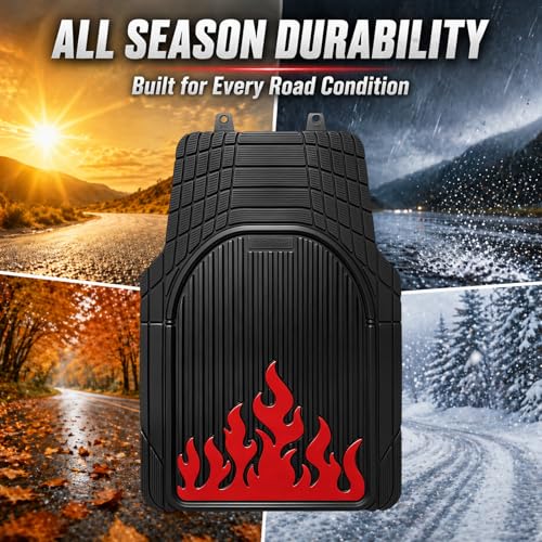 Heavy Duty Rubber Car Mats Flame Design (Inferno Red), 4-Piece Deep Waterproof Floor Mats Set (Front & Rear Full Set), All Weather Universal Trim to Fit Automotive SUV Sedan Truck - color: Inferno Red, size: Flame