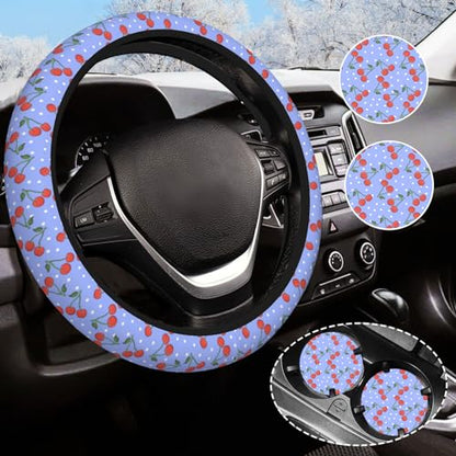 Purple Cherry Steering Wheel Cover for Women Men with 2 Pcs Car Coasters, Universal 14.5-15 Inch Rainbow Steering Wheel Covers Non-Slip Car Accessories for Girls - color: cherry