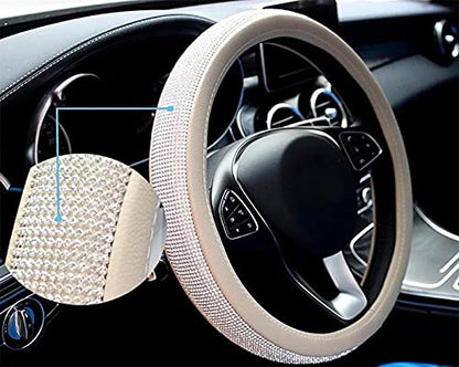 Bling Diamond Beige Leather Steering Wheel Cover Sparkly Crystal Glitter Rhinestones Car Wheel Protector for Women Girl fit Suvs,Vans,Sedans,Car,Trucks, 14.5-15in - color: Beige