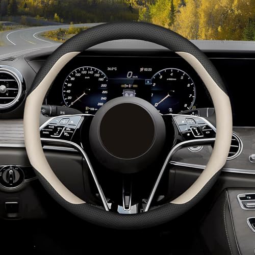 Steering Wheel Cover Standard Size Medium 14.5-15 inch, Non-Folding Packaging, Microfiber Leather, Anti-Slip, Soft Grip, Universal Fit for Cars SUVs Trucks, Black and Off-White - color: Black and Beige