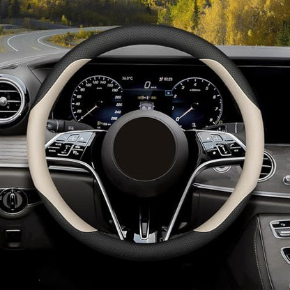 Steering Wheel Cover Standard Size Medium 14.5-15 inch, Non-Folding Packaging, Microfiber Leather, Anti-Slip, Soft Grip, Universal Fit for Cars SUVs Trucks, Black and Off-White - color: Black and Beige