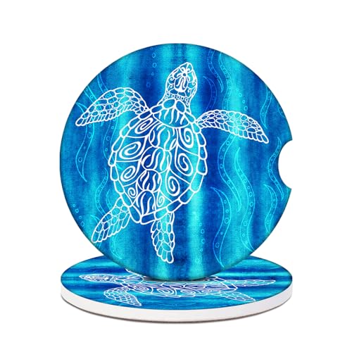 Sea Turtle Car Coasters for Cup Holders, 2 Pack Absorbent Ceramic Animals Car Cup Coasters Interior Accessories 2.56 Inch for Women Men - color: Sea Turtle