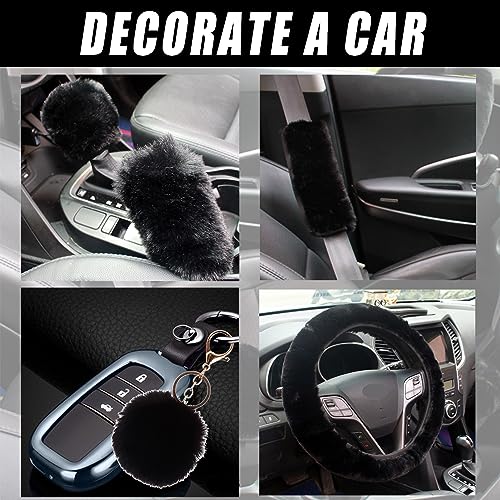 Fluffy Steering Wheel Cover for Women with Furry Gear Cover &Handbrake Cover&Seat Belt Cover&Armrest Pad Fuzzy Car Accessories for Women Pack of 14 (Black) - color: Black