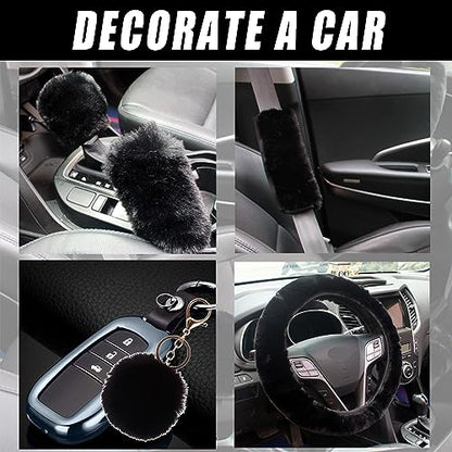 Fluffy Steering Wheel Cover for Women with Furry Gear Cover &Handbrake Cover&Seat Belt Cover&Armrest Pad Fuzzy Car Accessories for Women Pack of 14 (Black) - color: Black