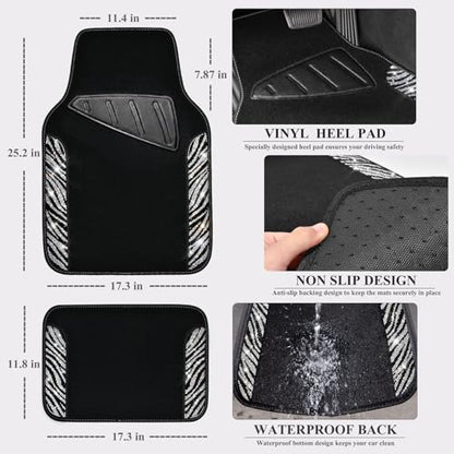 CAR PASS Bling Zebra Car Mats Rhinestones Diamond Waterproof Floor Mat Crystal Sparkly Shining Glitter Carpet Anti-Slip PVC Heel Pad, Universal Fit Automotive SUV,Sedan,4pcs Girly Women, Zebra Diamond - color: Zebra