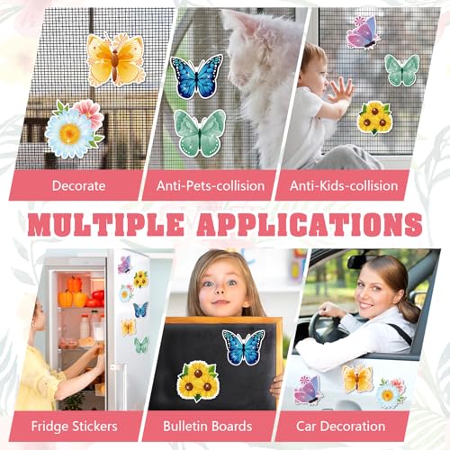 JSRQT 6 Pairs Decorative Screen Door Magnets,Double Sided Decals Stickers,Magnetic Patio Sliding Screen Door Bird Strike Protector,Butterfly Flowers Designs