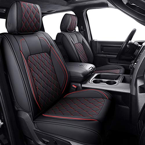 Aierxuan Dodge Ram Car Seat Covers Full Set Waterproof Leather Custom Fit 2009-2026 1500, 2010-2026 2500/3500 Crew Quad Regular Cab Truck Pickup with Split Bench 60/40(Full Set/Black-Red) - color: Full Set/Black-Red
