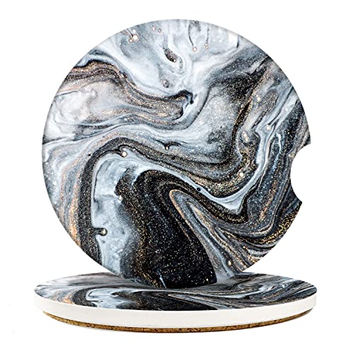 Britimes Car Coasters for Drinks Absorbent, 2 Pack Cup Holders, 2.56" Ceramic Stone & Non-Scratch Cork Base Coasters Cupholder, Auto Accessories for Women & Men, Marble Gold Glitter Design - color: Black White