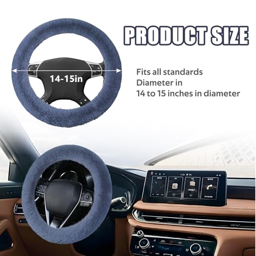 Wuyaoyao Fuzzy Car Steering Wheel Cover, 15'' Soft Auto Steering Wheel Protector for Warm Winter, Elastic Anti-Slip Fluffy Wheel Covers, Universal Car Accessories for Women and Men (Gray)