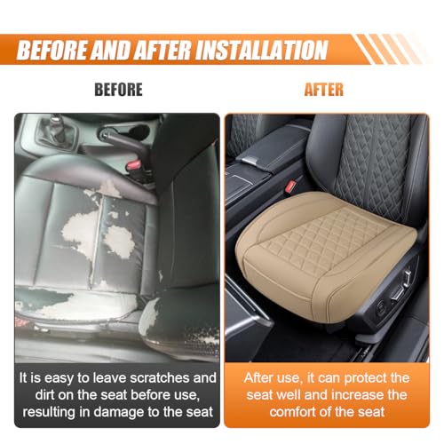 Luxury Faux Leather Car Seat Cover, Anti-Slip Waterproof Universal Front Bottom Seat Protector with Storage Pocket, Triangular Pattern Vehicle Seats Cushion for Sedans, SUVs, Trucks (Beige) - color: Beige