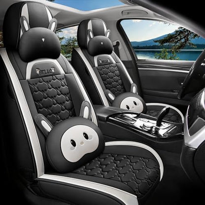 INZU Cute Cartoon Rabbit Comfortable Car Seat Covers with Waterproof PU Leather Suitable for Most 5 Seats Cars SUV and Pick-up Truck Universal Fit Set (Black) - color: Black