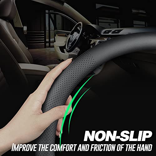 LKWLIKEI Nappa Premium Leather car Steering Wheel Cover, Non-Slip, Breathable, Universal 15 inches, Black. - color: Black
